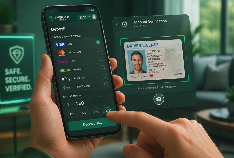 Jugador gestionando un depósito y la verificación de su cuenta desde la aplicación móvil del casino